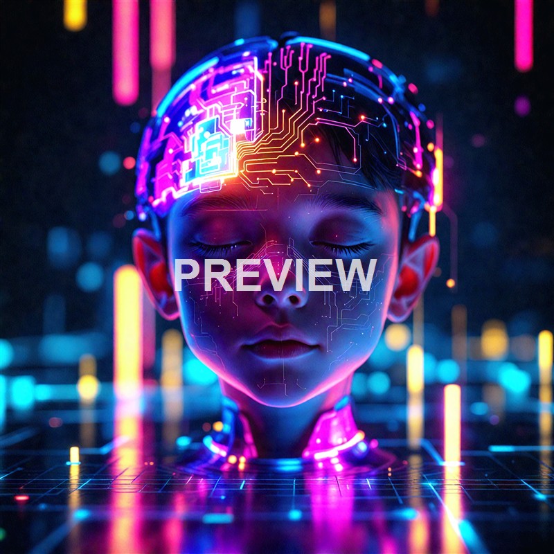A young person with their eyes closed, wearing a virtual reality headset with glowing neon circuits on their face and head, set against a dark background with colorful light streaks.